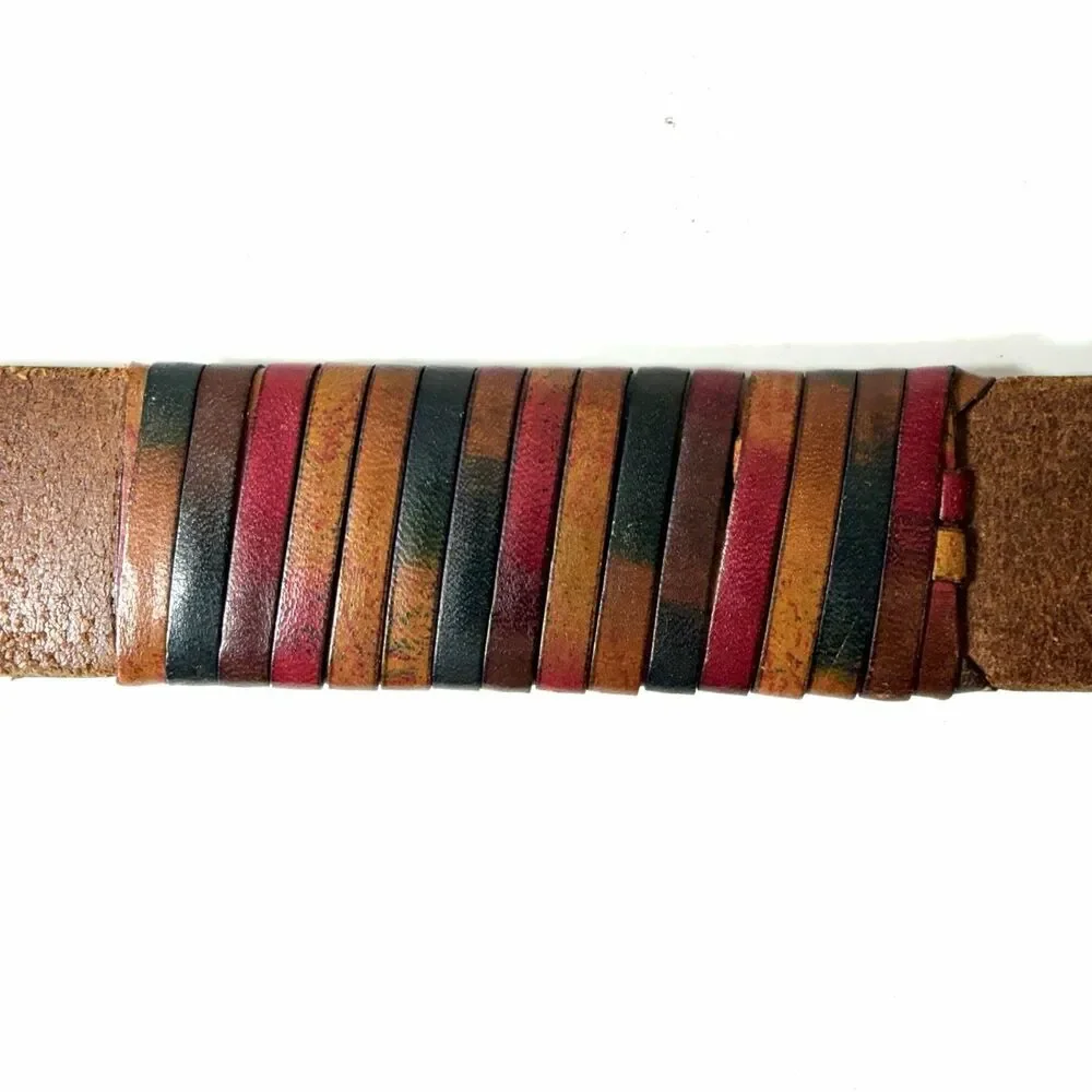 Genuine Leather Western Belt Brown Braided Multicolor Silver Buckle Size 38